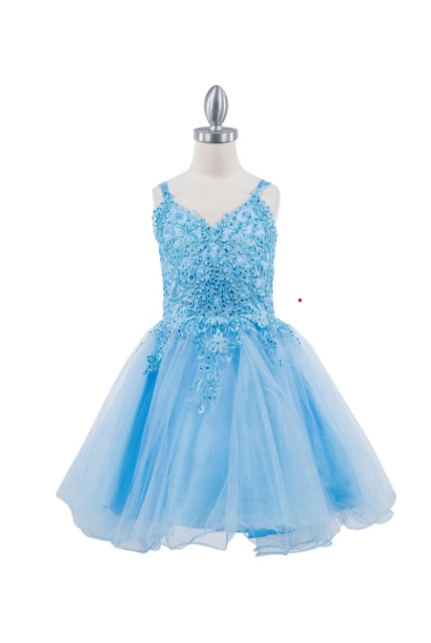 Short blue tulle dress with embroidered V-neck and an open lace-up back, with an A-line ruffled skirt.