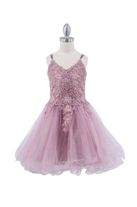 Short mauve tulle dress with embroidered V-neck and an open lace-up back, with an A-line ruffled skirt.