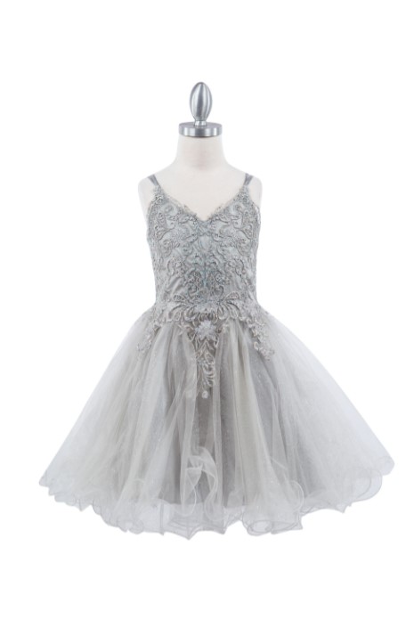 Short silver tulle dress with embroidered V-neck and an open lace-up back, with an A-line ruffled skirt.