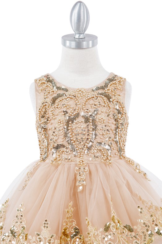 Girls sequin lace dress. Champagne sleeveless sequin lace dress decorated with sequin flowers.