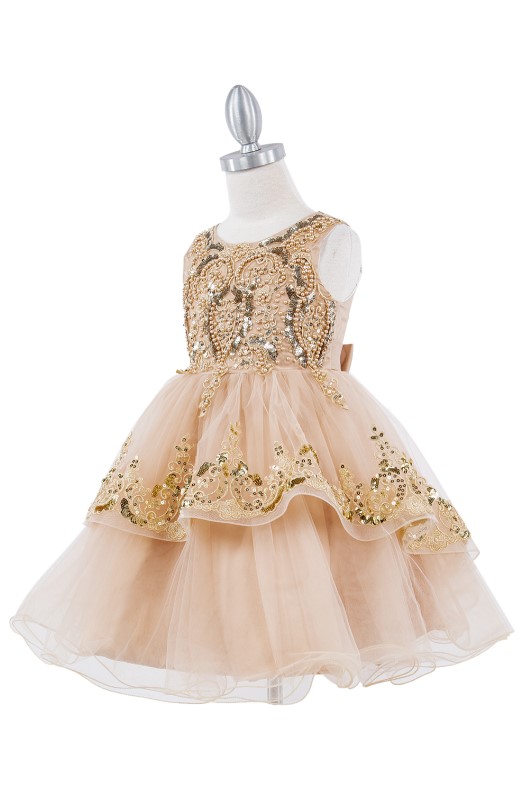 Girls sequin lace dress. Champagne sleeveless sequin lace dress decorated with sequin flowers.
