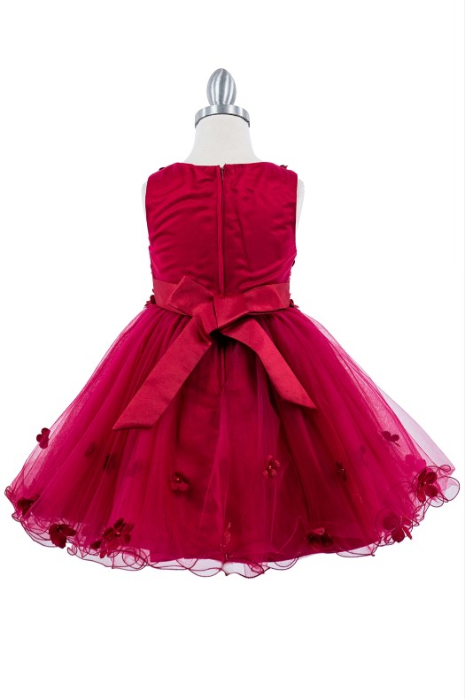 Burgundy short 3D floral applique party dress with a sleeveless scoop bodice, a back with a sash, and an A-line ruffle skirt.