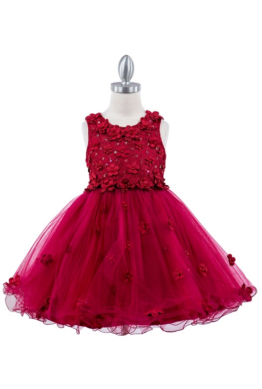 Burgundy short 3D floral applique party dress with a sleeveless scoop bodice, a back with a sash, and an A-line ruffle skirt.