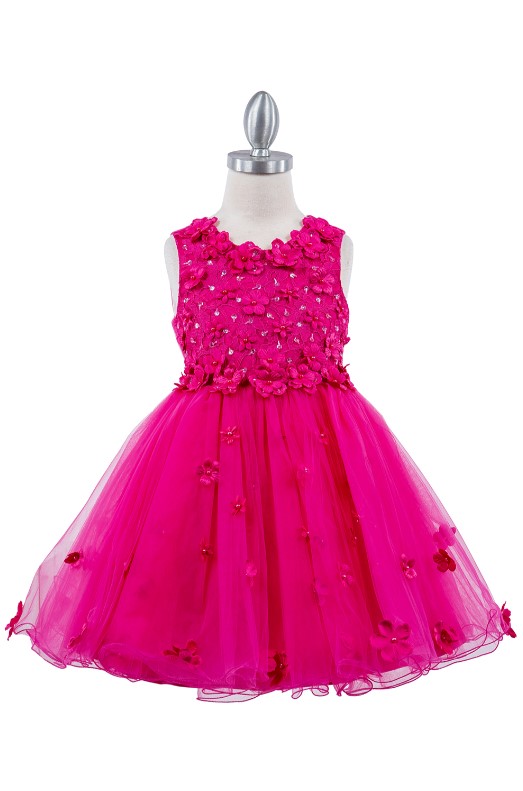 Fuschia childrens short 3D floral applique party dress with a sleeveless scoop bodice, a back with a sash, and an A-line ruffle skirt.