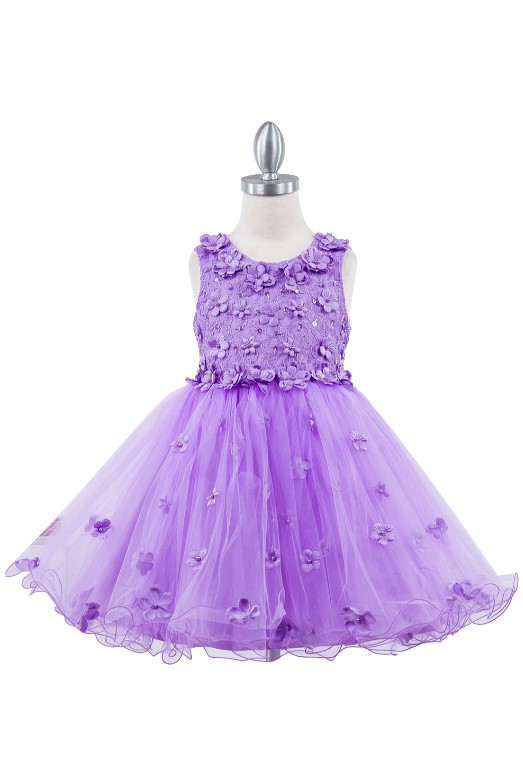toddler lavender short 3D floral applique party dress with a sleeveless scoop bodice, a back with a sash, and an A-line ruffle skirt.