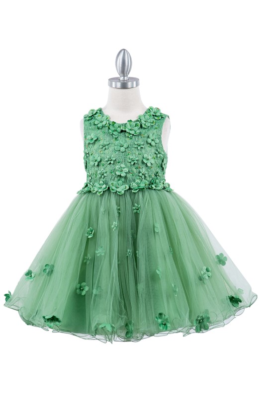Sage short 3D floral applique party dress with a sleeveless scoop bodice, a back with a sash, and an A-line ruffle skirt.